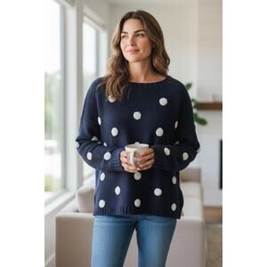 Elodie Embroidered Dot Sweater navy blue and white size Large